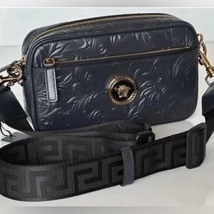 Versace La Medusa Navy Leather Embossed Unisex Crossbody or Belt Bag NWOT